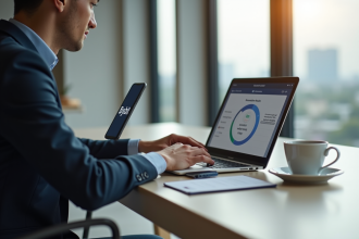 Jeune professionnel utilisant un ordinateur pour un virement en ligne avec smartphone Bybit