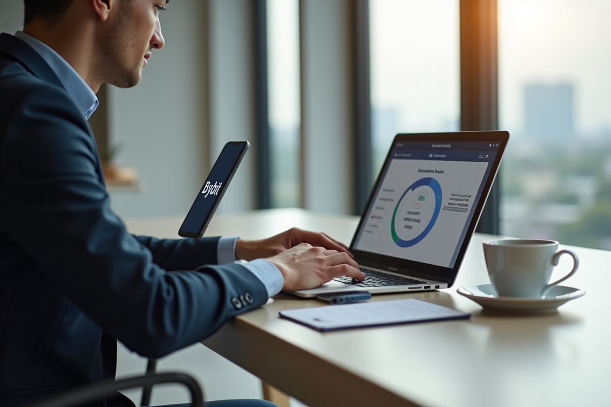 Jeune professionnel utilisant un ordinateur pour un virement en ligne avec smartphone Bybit