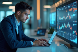 Jeune professionnel analysant graphiques d'IA sur un ordinateur moderne