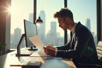 Jeune professionnel inquiet lisant documents de rejet de prêt