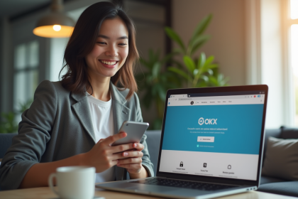 Jeune professionnel souriant avec smartphone dans un bureau moderne