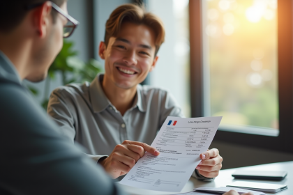 Jeune professionnel recevant un salaire au bureau avec documents financiers