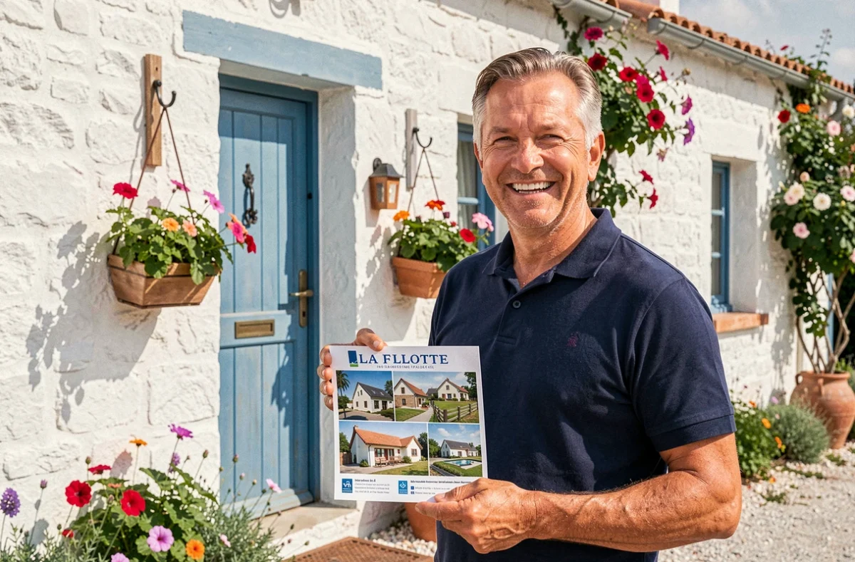 José Catherine, conseiller Optimhome à La Flotte, devant une propriété locative typique de l'Île de Ré aux murs blancs et volets bleus, tenant un brochure d'investissement