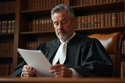 Juge en robe judiciaire examinant des documents dans la salle d'audience