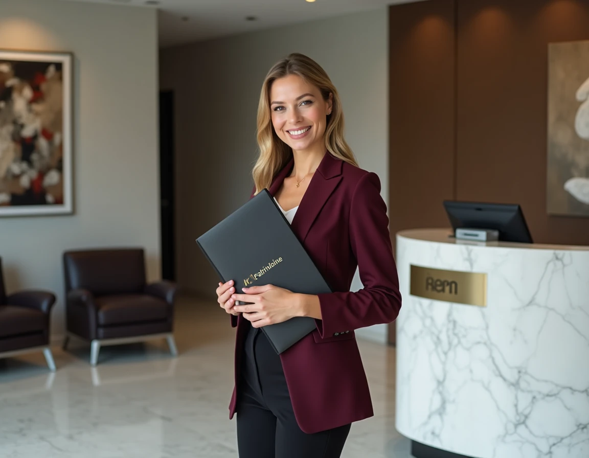 Conseillère de Kern Patrimoine accueillant des clients dans la réception moderne d'un cabinet de gestion de patrimoine à Rouen