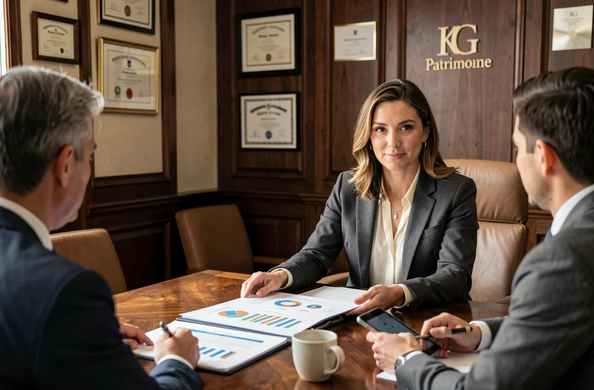 Conseillère en gestion de patrimoine de KG Patrimoine présentant un portefeuille d'investissement locatif à des clients dans un bureau élégant à Rouen