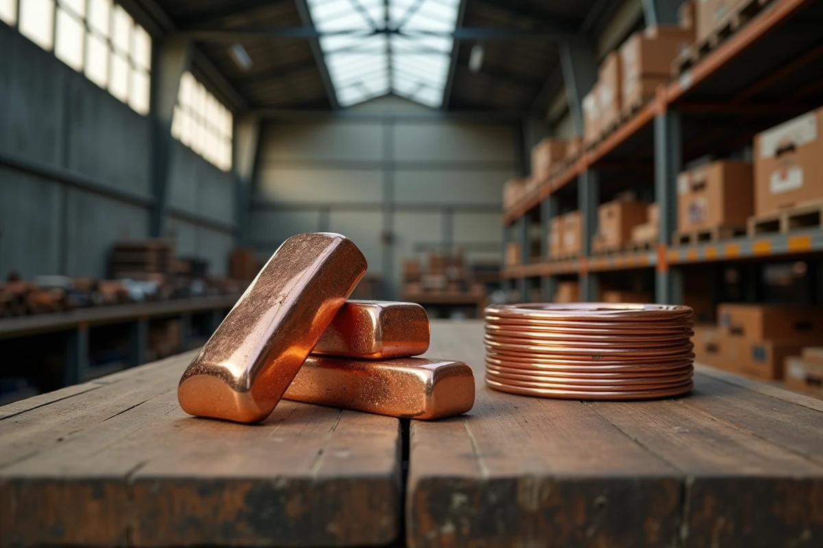 Lingots et fils de cuivre brut sur un établi industriel, illustration du prix du cuivre au kilo