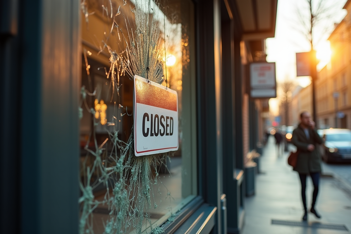 Commerce endommage avec vitrine cassée et propriétaire au téléphone