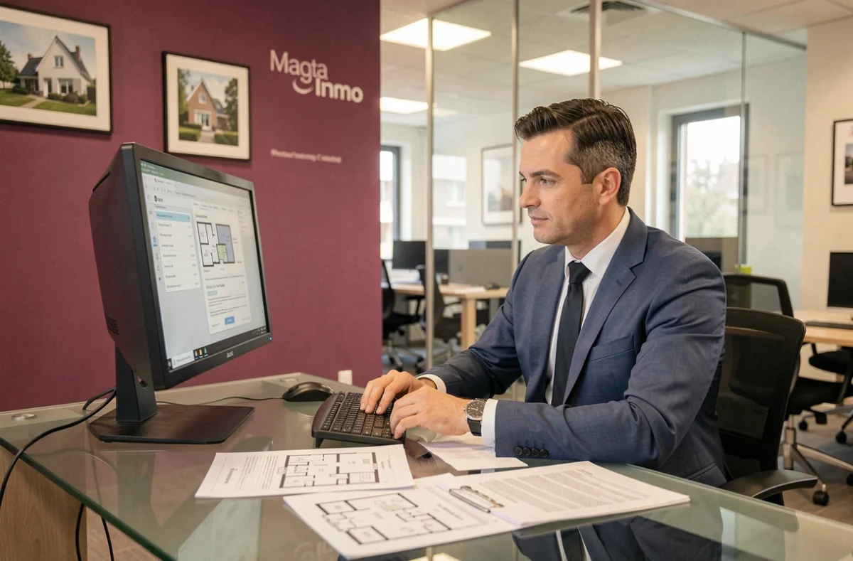Conseiller immobilier de Magenta Immo analysant des annonces locatives sur un écran dans un bureau contemporain à Rouen avec logo de l'agence en arrière-plan