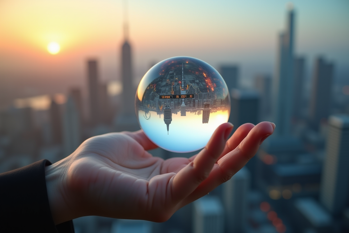 Main tenant un globe refletant un graphique boursier futuriste