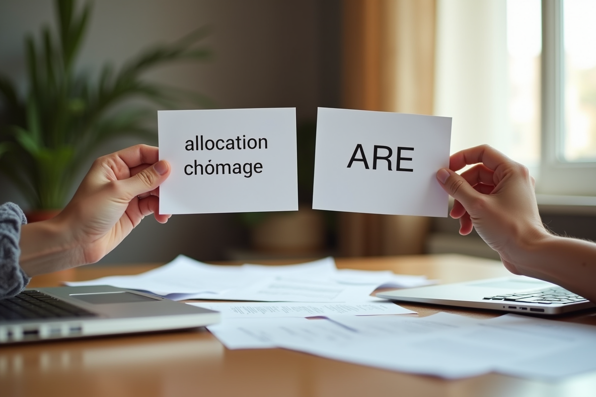 Deux mains tenant des panneaux allocation chômage et ARE sur une table
