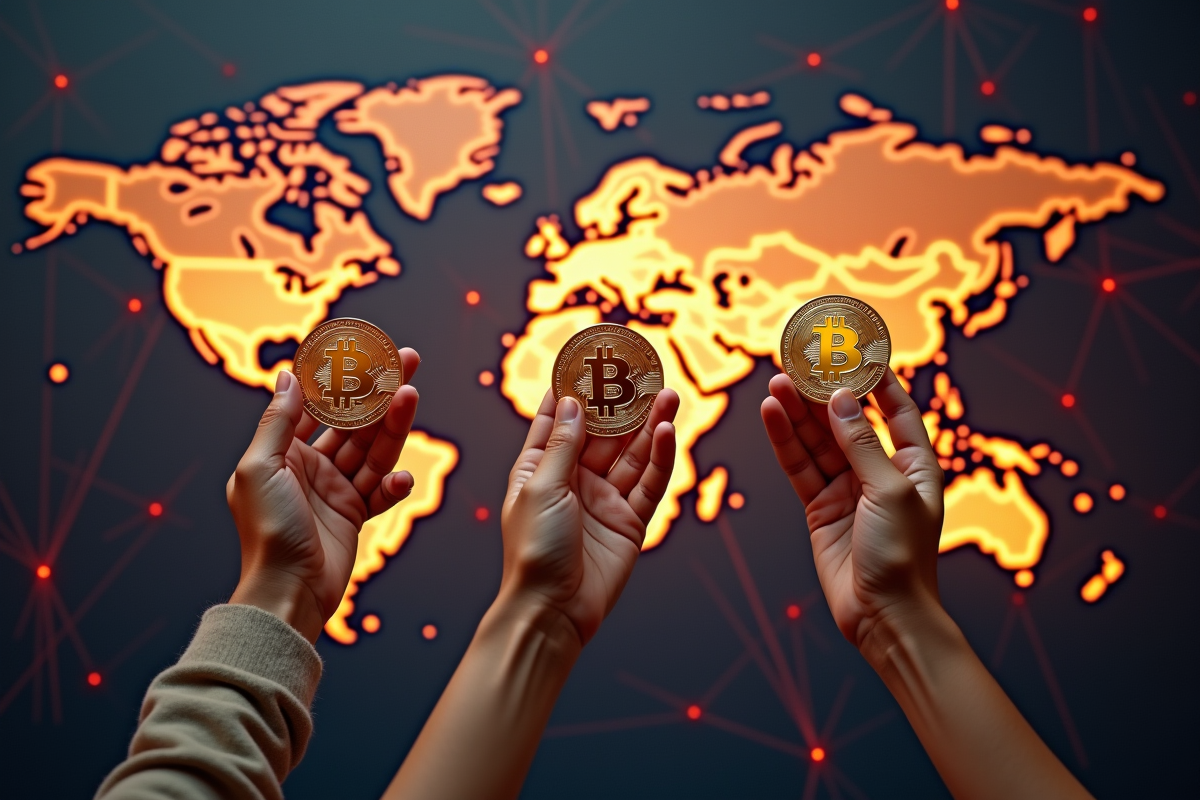 Plusieurs mains tenant des pièces Pi avec carte du monde numérique