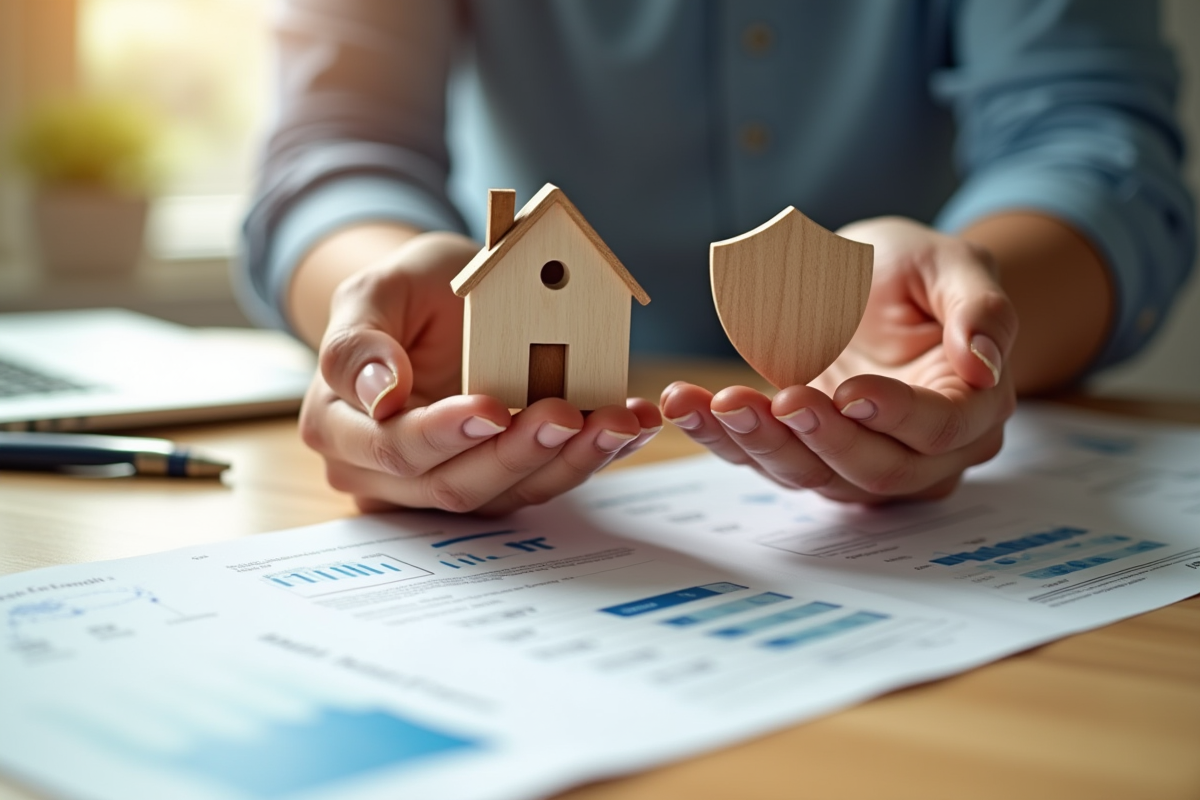 Mains tenant une maison miniature et un bouclier sur une table en bois