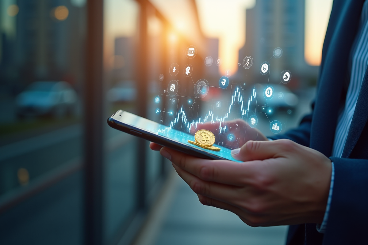 Mains tenant un smartphone avec graphique et monnaies digitales