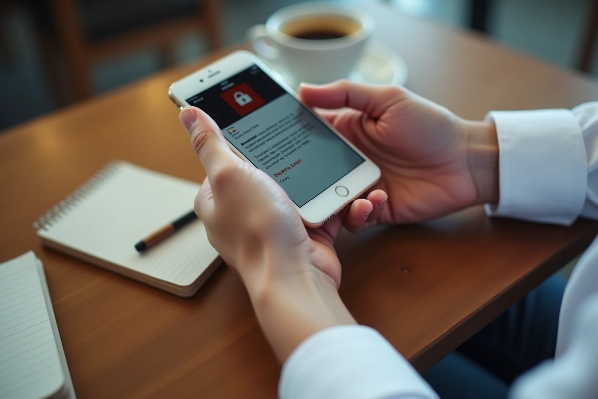 Mains tenant un smartphone affichant un faux email de phishing dans un café