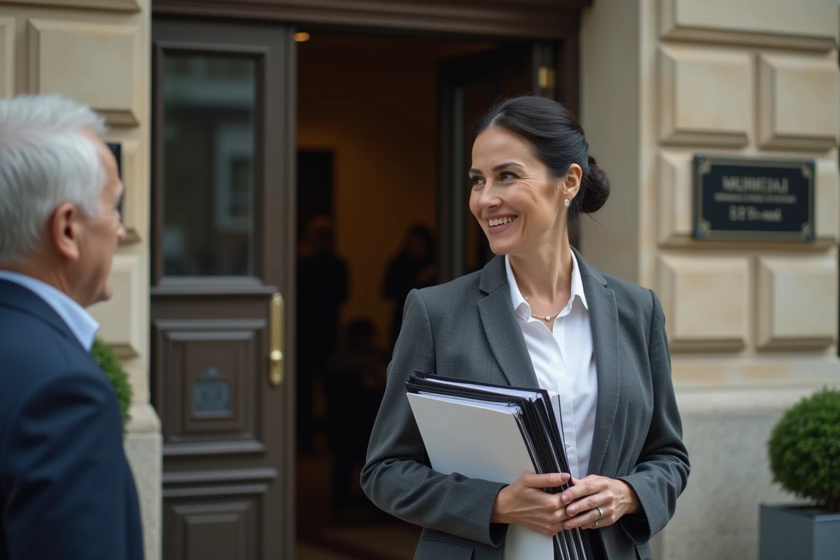 Femme maire souriante devant le bâtiment municipal