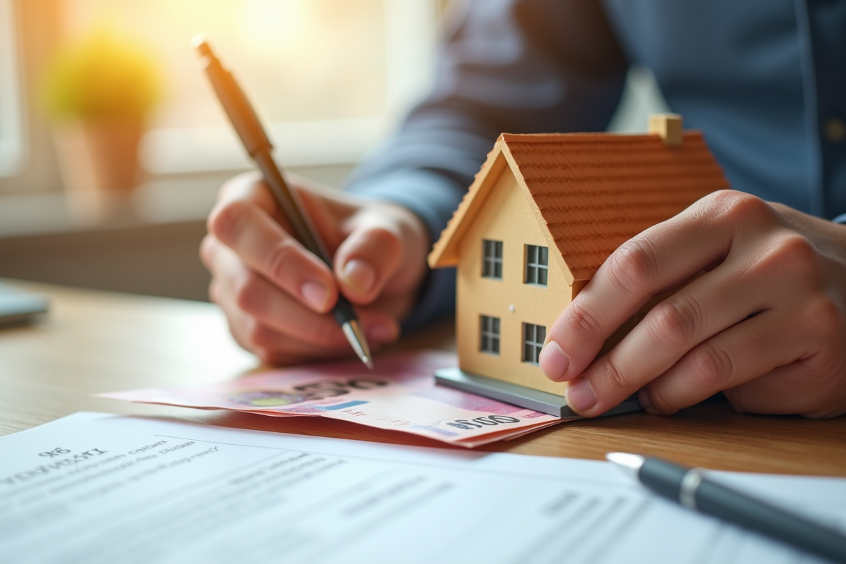 Mains tenant une maquette de maison et des billets d euro sur un bureau