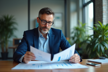 Manager d'affaires en costume bleu examine des documents financiers