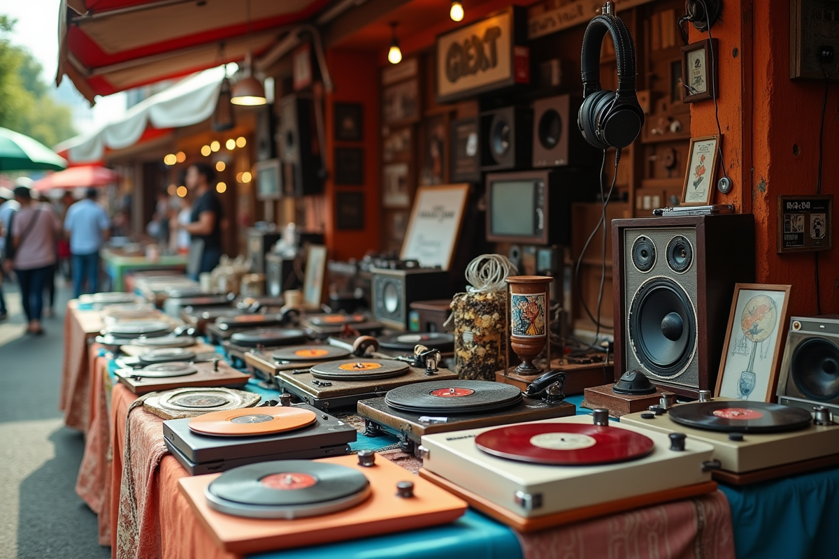 Stand de marché aux puces avec disques vinyles et montres de collection