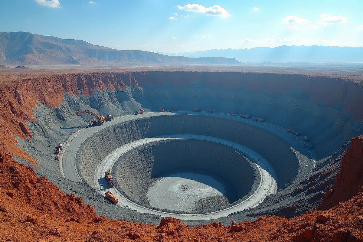 Mine à ciel ouvert avec excavateurs en action dans un paysage désertique