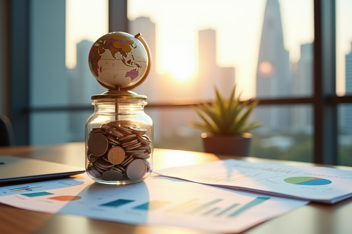 Pièce de monnaie avec un globe miniature et des rapports financiers sur un bureau