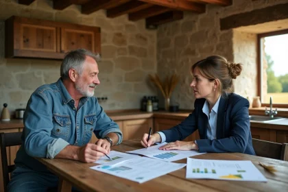 Agriculteur et conseillère agricole renégociant un bail rural autour de documents de fermage sur une table en bois dans une ferme française