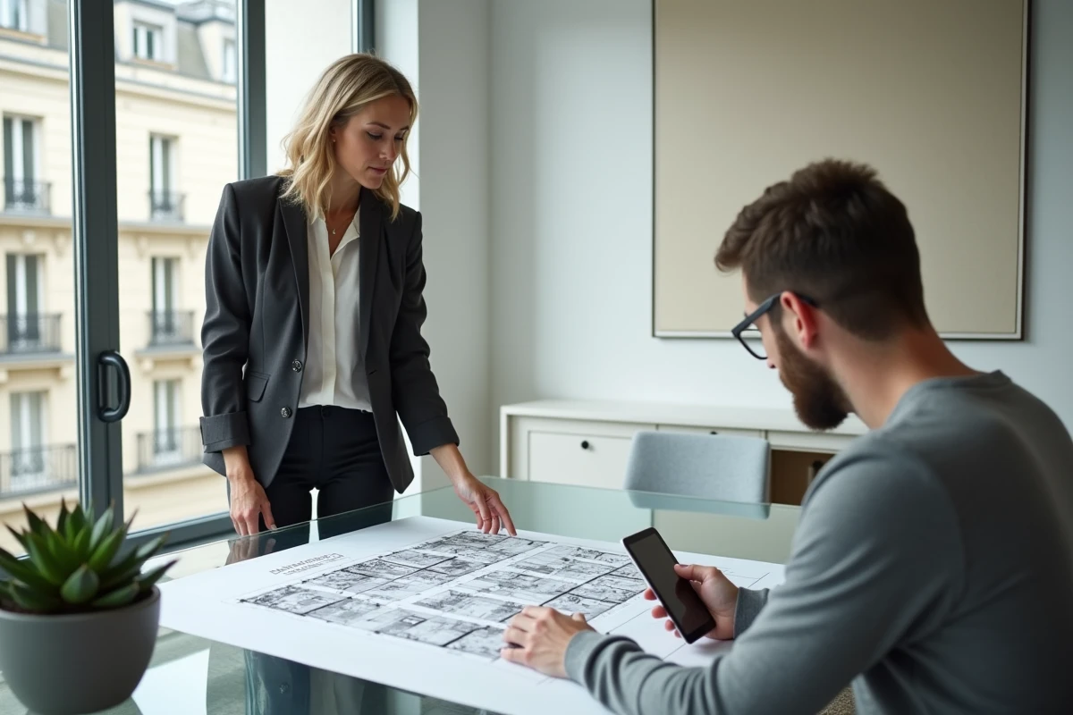 Notaire présentant un plan de bien immobilier locatif à un investisseur dans un bureau moderne