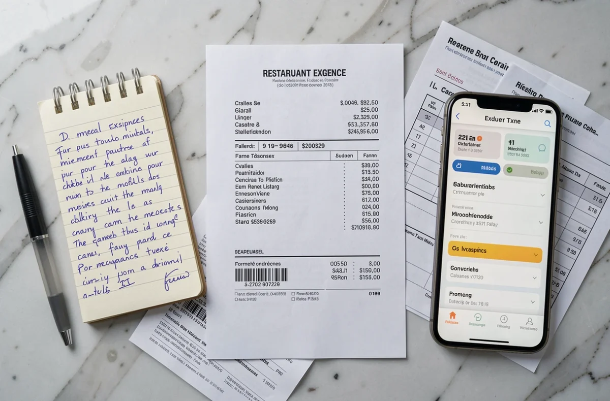 Vue aérienne d'une addition de restaurant, d'un formulaire fiscal français et de notes de frais de repas posés sur une surface en marbre blanc