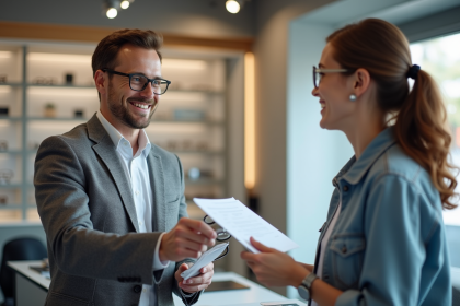 Opticien souriant remettant des lunettes modernes à un jeune adulte