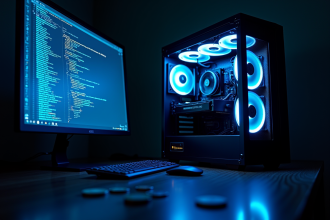 Rig informatique puissant avec cartes graphiques en glow bleu