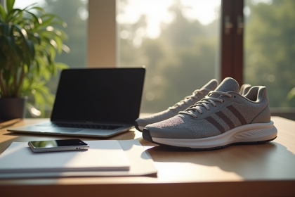 Ordinateur portable smartphone et sneakers tendance sur une table