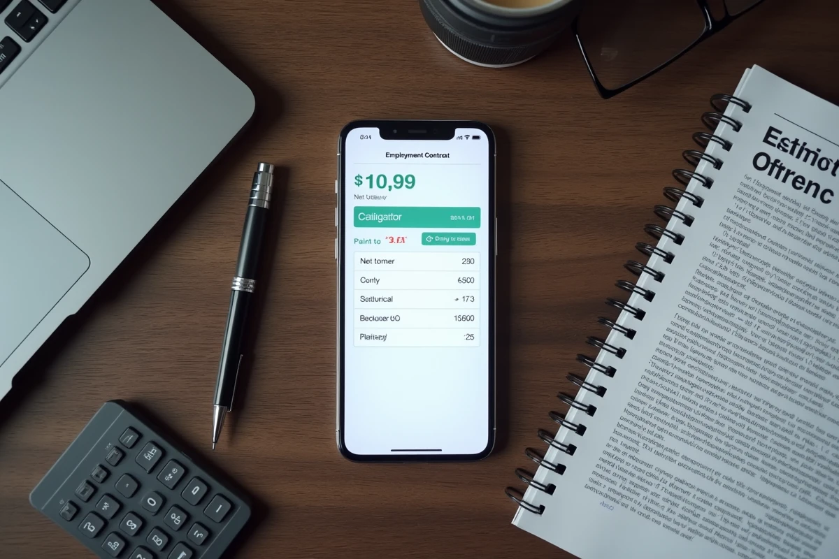 Vue de dessus d'un bureau avec calculatrice, contrat de travail et application mobile pour simuler le gain réel des heures supplémentaires