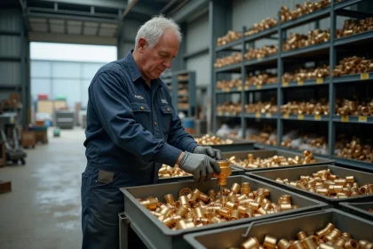 Ouvrier en atelier triant des pièces en laiton dans des bacs métalliques pour optimiser la revente au kilo