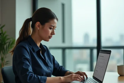 Femme professionnelle ouvrant un compte bancaire HSBC en ligne depuis son bureau à domicile