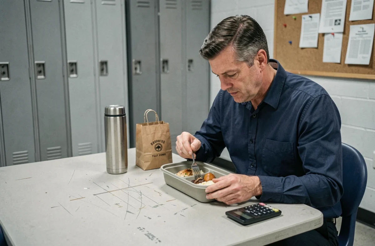 Ouvrier prenant son panier repas dans une salle de pause d'entreprise avec une boîte repas maison et une calculatrice pour estimer ses frais réels