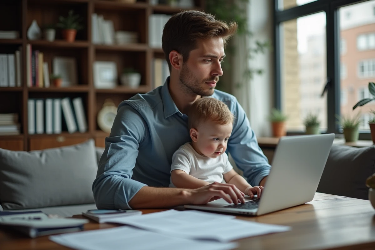 Père et enfant utilisant un ordinateur dans le salon