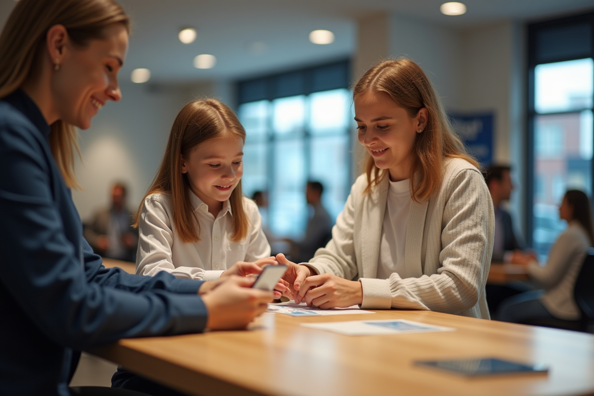 Parent et enfant choisissant une carte à un comptoir bancaire moderne