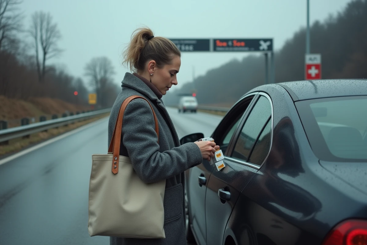 Femme rangeant des cartouches de cigarettes achetées en Suisse près d'un poste frontière européen
