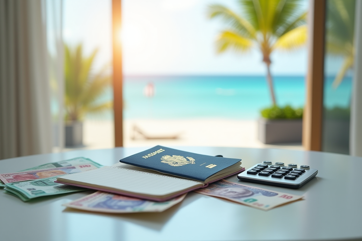 Passeport ouvert avec calculatrice et billets internationaux
