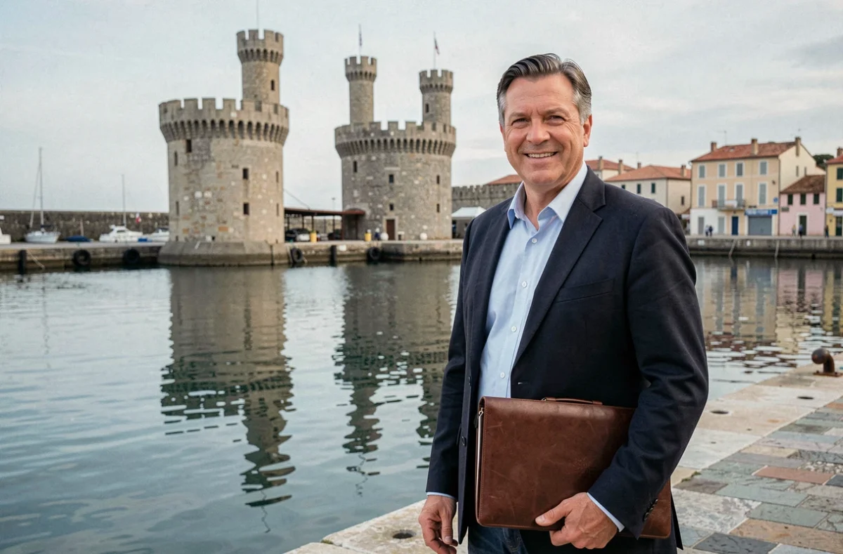 Patrick Combes, conseiller Optimhome à La Rochelle, posant sur le vieux port avec les tours médiévales en arrière-plan, tenant un portfolio immobilier