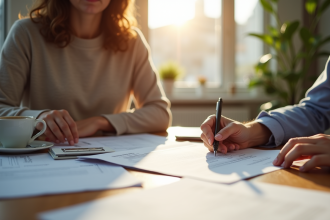 Personne signant un contrat d'assurance au matin à la maison
