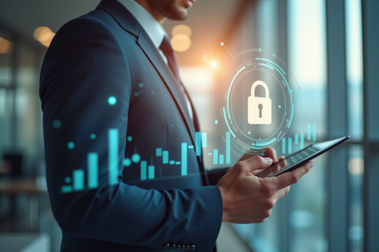 Personne en costume tenant une tablette avec graphiques financiers et cadenas