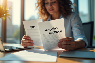 Personne examinant des documents allocation chômage dans un bureau lumineux