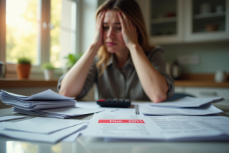 Personne inquiète avec factures et calculatrice sur la table