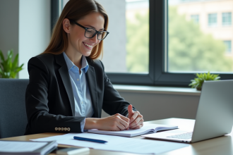 Personne souriante en tenue d'affaires organisant des documents