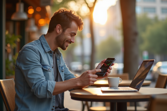Personne confiante vérifiant un graphique Bitcoin au café