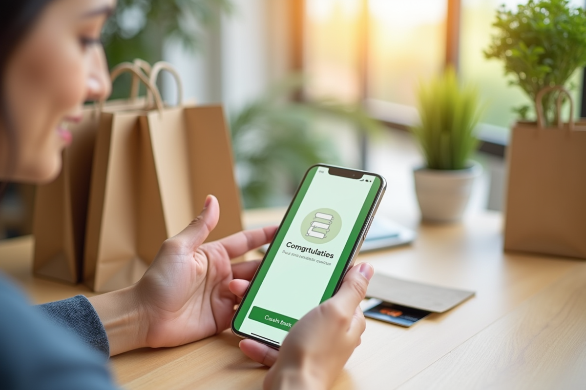 Personne tenant un smartphone avec une notification cashback