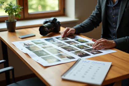 Photographe examinant des photos imprimées sur un bureau lumineux