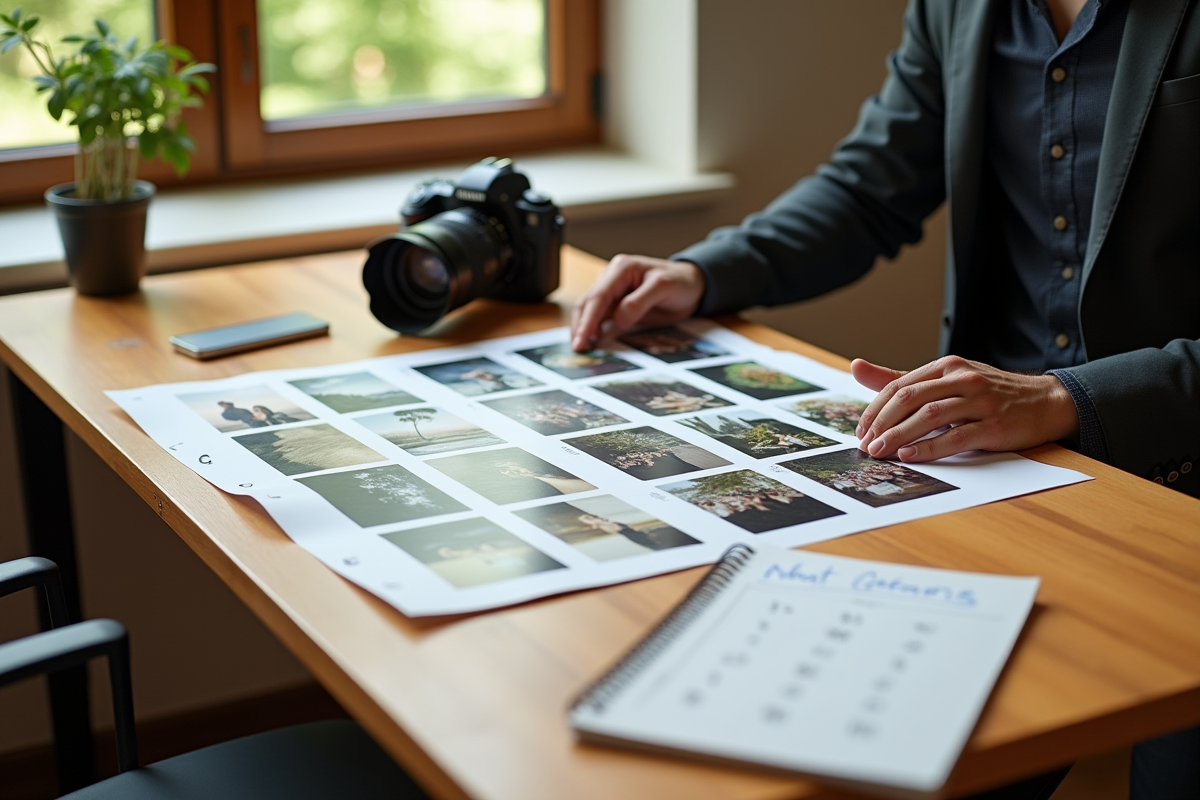Photographe examinant des photos imprimées sur un bureau lumineux