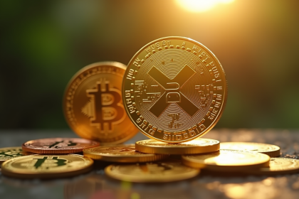 Pièce XRP brillante en évidence sur des cryptomonnaies